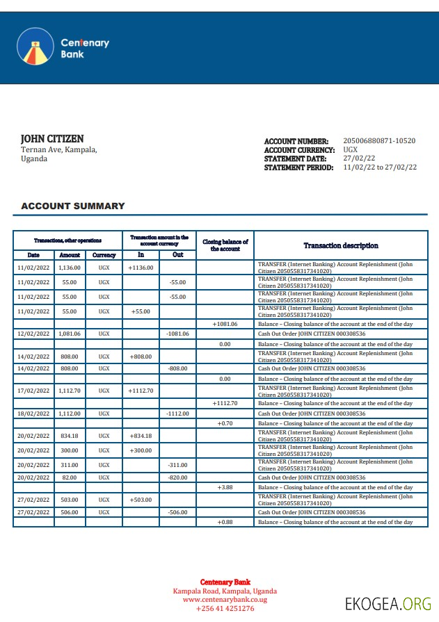 Relevé bancaire du centenaire de l'Ouganda template Relevé bancaire du centenaire de l'Ouganda template